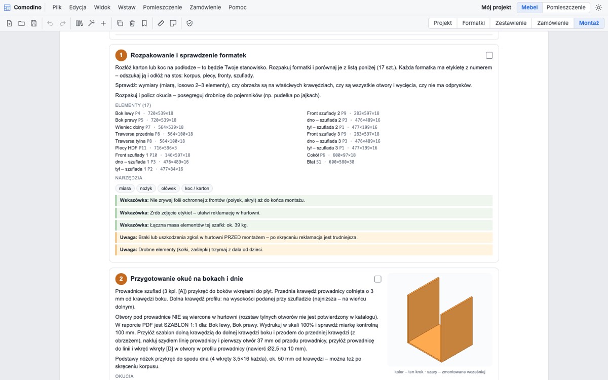 Instrukcja montażu szafki z listą formatek, narzędziami i rysunkiem kroku