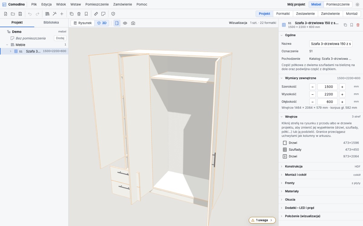 Szafa trzydrzwiowa z szufladami w widoku 3D z otwartymi drzwiami